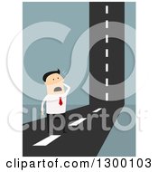 Poster, Art Print Of Flat Modern White Businessman Stuck At A Road That Goes Up Over Blue