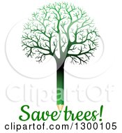 Clipart Of A Bare Gradient Green Pencil Tree With Save Trees Text Royalty Free Vector Illustration