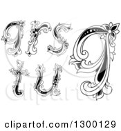Poster, Art Print Of Black And White Vintage Lowercase Floral Letters Q R S T And U