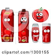 Clipart Of A Happy Red Tomato Character And Juice Royalty Free Vector Illustration