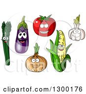 Clipart Of Happy Asparagus Eggplant Tomato Onion Corn And Garlic Characters Royalty Free Vector Illustration