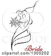Clipart Of A Sketched Black And White Bride Holding A Bouquet Of Flowers With Red Text 8 Royalty Free Vector Illustration