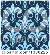 Clipart Of A Seamless Pattern Background Of Blue Fleur De Lis On Dark Royalty Free Vector Illustration