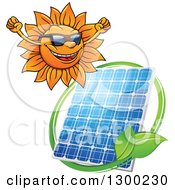 Poster, Art Print Of Happy Sun And Solar Panel Encircled With A Swoosh And Green Leaves