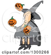 Cartoon Witch Juggling Halloween Jackolantern Pumpkins