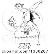 Poster, Art Print Of Cartoon Black And White Witch Juggling Halloween Jackolantern Pumpkins