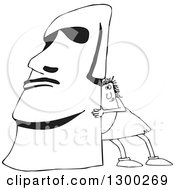 Clipart Of A Black And White Chubby Caveman Pushing Up A Monolith Royalty Free Outline Vector Illustration
