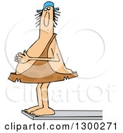 Clipart Of A Chubby Caveman Balanced Wearing A Swimming Cap And Standing On A High Diving Board Royalty Free Vector Illustration