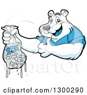 Cartoon Polar Bear Mascot Holding A Thumb Up And Bag Of Ice