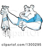 Cartoon Polar Bear Mascot Holding A Broken Bag Of Ice And Thumb Down