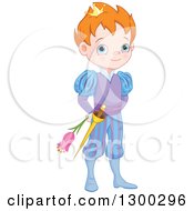 Poster, Art Print Of Cute Blue Eyed Red Haired Caucasian Prince Holding A Flower Behind His Back