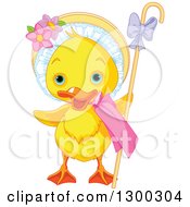 Poster, Art Print Of Cute Yellow Easter Duck With A Bonnet And Cane