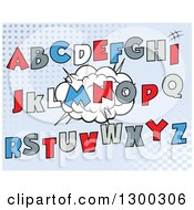 Poster, Art Print Of Cartoon Comic Design Capital Alphabet Letters Over A Burst On Halftone