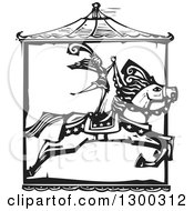 Black And White Woodcut Woman Standing On A Leaping Carousel Horse In A Circus Act