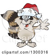 Poster, Art Print Of Cartoon Happy Raccoon Wearing A Christmas Santa Hat And Waving