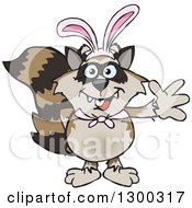 Clipart Of A Cartoon Happy Raccoon Wearing Easter Bunny Ears And Waving Royalty Free Vector Illustration