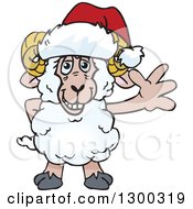 Clipart Of A Cartoon Happy Ram Wearing A Christmas Santa Hat And Waving Royalty Free Vector Illustration