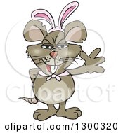Clipart Of A Cartoon Happy Brown Rat Wearing Easter Bunny Ears And Waving Royalty Free Vector Illustration