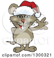 Poster, Art Print Of Cartoon Happy Brown Rat Wearing A Christmas Santa Hat And Waving