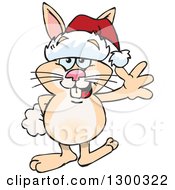 Poster, Art Print Of Cartoon Happy Beige Rabbit Wearing A Christmas Santa Hat And Waving