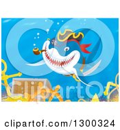 Poster, Art Print Of Grinning Pirate Shark Smoking A Pipe Over A Sunken Treasure And Ship Wreck