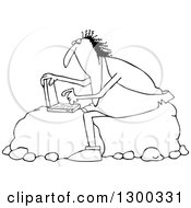 Outline Clipart Of A Black And White Chubby Caveman Sitting On Boulders And Using A Laptop Computer Royalty Free Lineart Vector Illustration