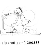 Outline Clipart Of A Black And White Chubby Caveman Panting And Running On A Treadmill Royalty Free Lineart Vector Illustration