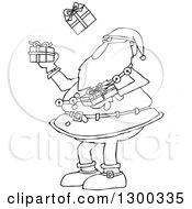 Outline Clipart Of A Black And White Christmas Santa Claus Juggling Wrapped Gifts Royalty Free Lineart Vector Illustration