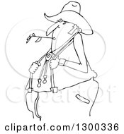 Outline Clipart Of A Black And White Cartoon Chubby Male Farmer Holding His Suspenders And Chewing On Straw Royalty Free Lineart Vector Illustration