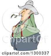 Poster, Art Print Of Cartoon Chubby White Male Farmer Holding His Suspenders And Chewing On Straw