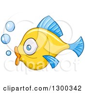 Poster, Art Print Of Profiled Yellow Fish With Blue Fins And Bubbles