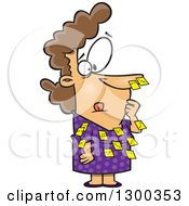 Cartoon Forgetful White Business Woman With Sticky Notes All Over Her Dress And Nose