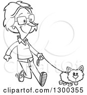 Poster, Art Print Of Cartoon Black And White Woman Happily Walking Her Little Dog