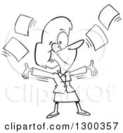 Lineart Clipart Of A Cartoon Black And White Business Woman Tossing Up Papers And Ready For Retirement Royalty Free Outline Vector Illustration