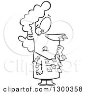 Lineart Clipart Of A Cartoon Black And White Forgetful Business Woman With Sticky Notes All Over Her Dress And Nose Royalty Free Outline Vector Illustration by toonaday