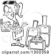 Poster, Art Print Of Cartoon Black And White Excited Traveling Woman Reading A Guide By Luggage