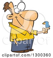 Cartoon Happy White Man With A Blue Bird Perched On His Finger