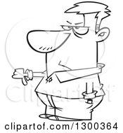 Lineart Clipart Of A Cartoon Black And White Angry Man Rejecting An Option With A Thumb Down Royalty Free Outline Vector Illustration