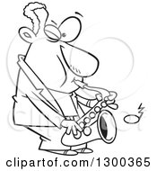 Lineart Clipart Of A Cartoon Black And White Male Musician Playing A Saxophone Royalty Free Outline Vector Illustration by toonaday