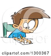 Clipart Of A Cartoon Focused Brunette White Boy Writing At A Desk Royalty Free Vector Illustration