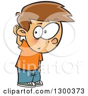 Clipart Of A Cartoon Brunette White Boy Covering His Ear And Listening Royalty Free Vector Illustration
