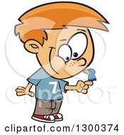 Clipart Of A Cartoon Happy Red Haired White Boy With A Blue Bird Perched On His Finger Royalty Free Vector Illustration