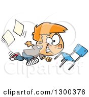 Clipart Of A Cartoon Red Haired White School Boy Running Recklessly Through A Classroom Royalty Free Vector Illustration
