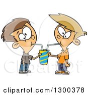 Cartoon Brunette And Blond White Boys Sharing A Soda