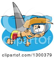 Poster, Art Print Of Cartoon Mischievous Blond White Boy Wearing A Shark Fin And Swimming As A Prank