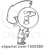 Lineart Clipart Of A Cartoon Black And White Anonymous Boy Holding A Question Mark Sign Over His Face Royalty Free Outline Vector Illustration