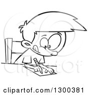 Lineart Clipart Of A Cartoon Black And White Focused Boy Writing At A Desk Royalty Free Outline Vector Illustration