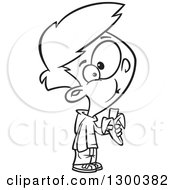 Lineart Clipart Of A Cartoon Black And White Boy Eating A Banana Royalty Free Outline Vector Illustration
