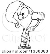 Lineart Clipart Of A Cartoon Thirsty Black And White African American Boy Drinking From A Cup Royalty Free Outline Vector Illustration