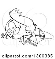 Lineart Clipart Of A Cartoon Black And White Clumsy Boy Tripping And Falling Royalty Free Outline Vector Illustration by toonaday
